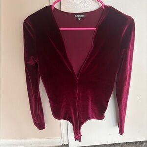 Express Velvet Deep V Bodysuit - Wine